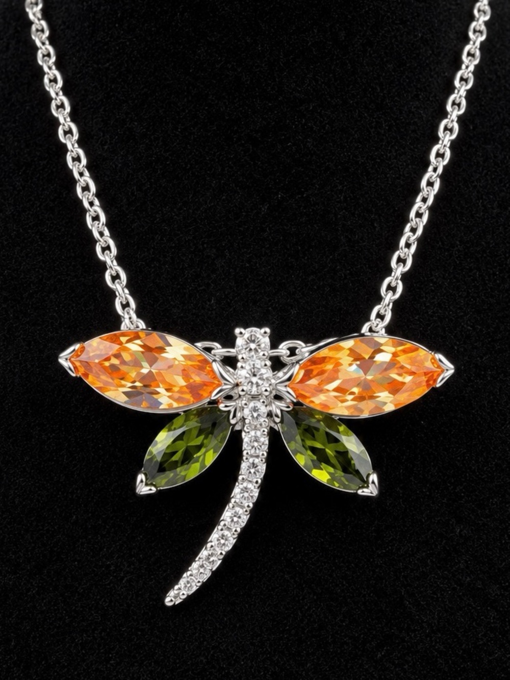 Stunning Silvertone Dragonfly Necklace with Orange and Green Accents